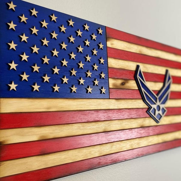 twenty four inch red white and blue american flag with laser cut air force patch, laser engraving,  and laser cut stars left angle view