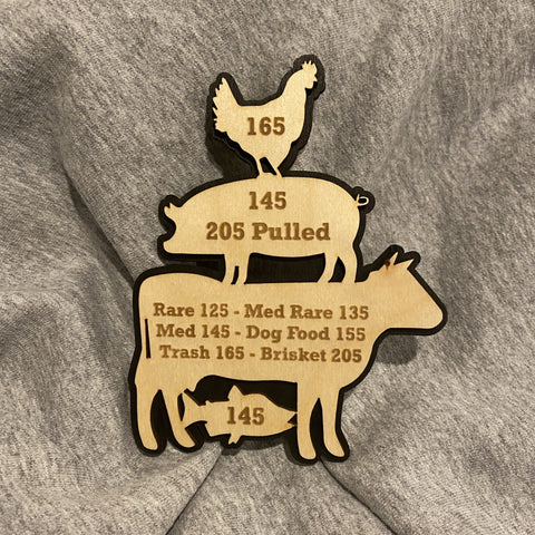 meat temp magnet with two layers of baltic birch, one natural color stacked on top of a black layer laser engraved with the cook temps for poultry pork beef and fish