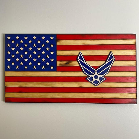 twenty four inch red white and blue american flag with laser cut air force patch, laser engraving,  and laser cut stars