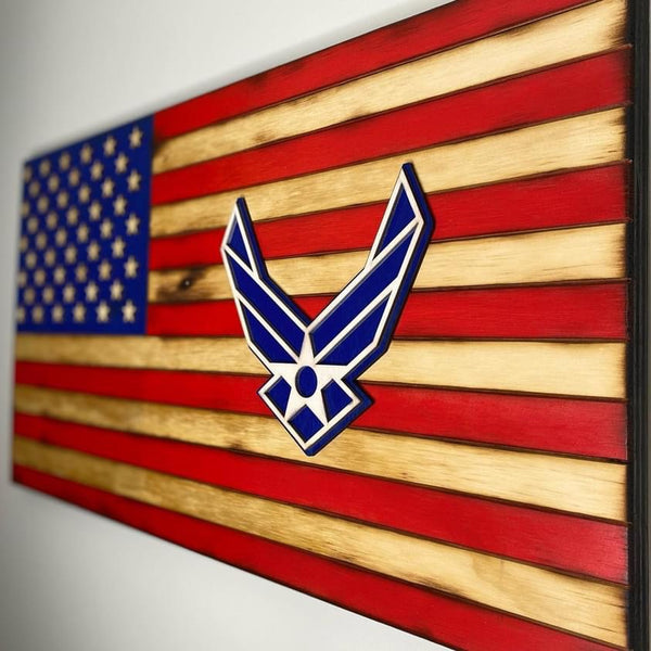 twenty four inch red white and blue american flag with laser cut air force patch, laser engraving,  and laser cut stars right angle view